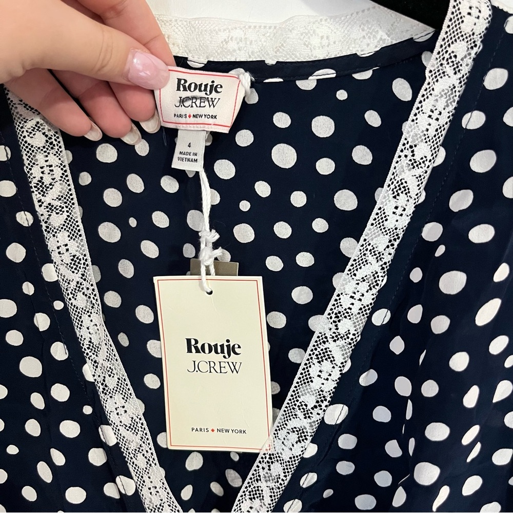 NWT Rouje x J. Crew Rencard navy and White Polka Dot Midi Wrap Dress - Picture 7 of 8